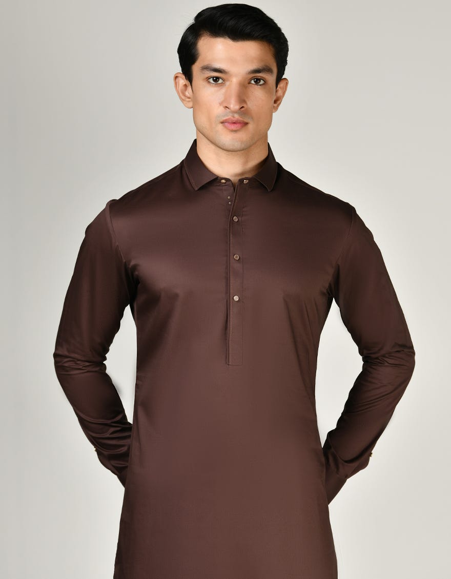 Brown Cotton Men's Kameez Shalwar | Jjks-A-32991