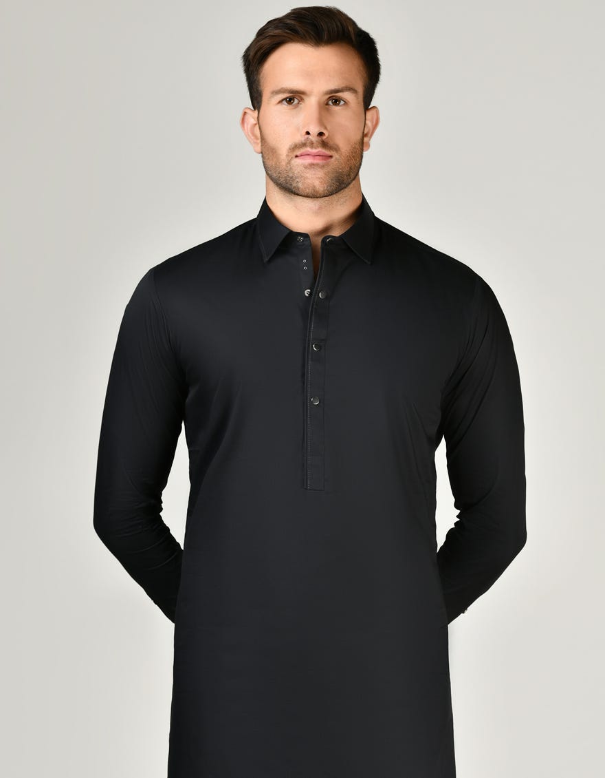 Black Cotton Men's Kameez Shalwar | Jjks-A-32993