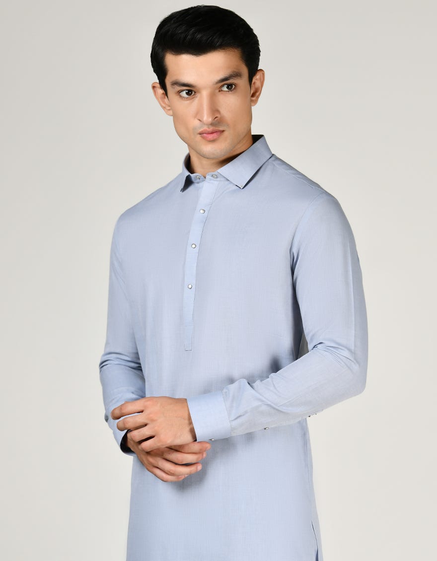 Sky Blue Blended Men's Kameez Shalwar | Jjks-A-32995
