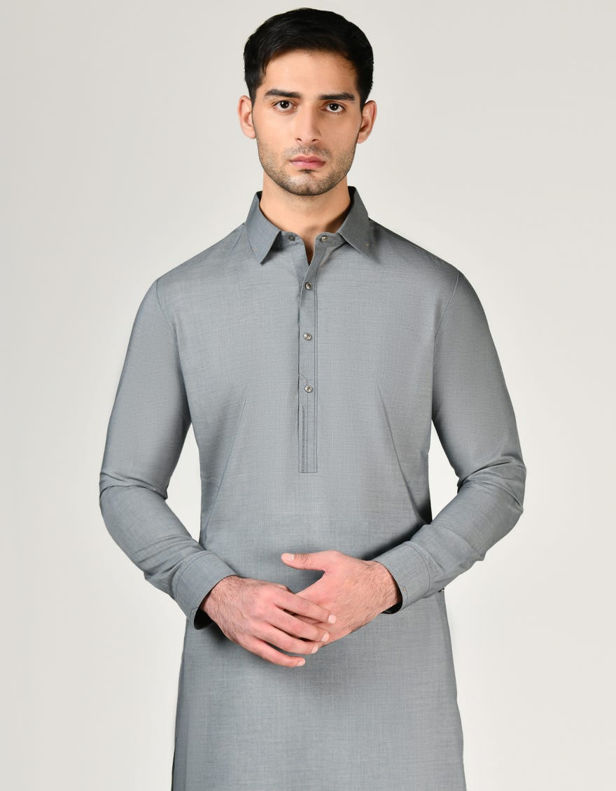 Grey Blended Men's Kameez Shalwar | Jjks-S-32998