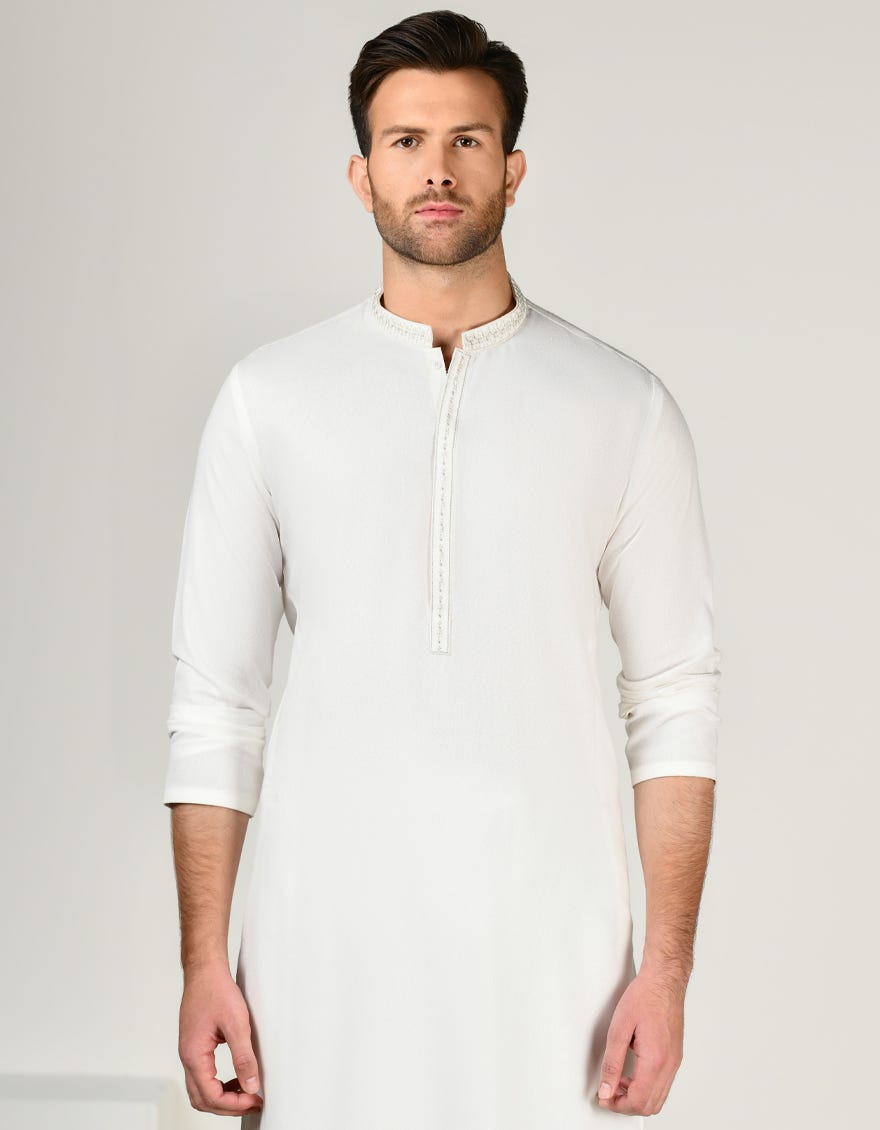 White Blended Men's Kameez Shalwar | Jjks-A-33000