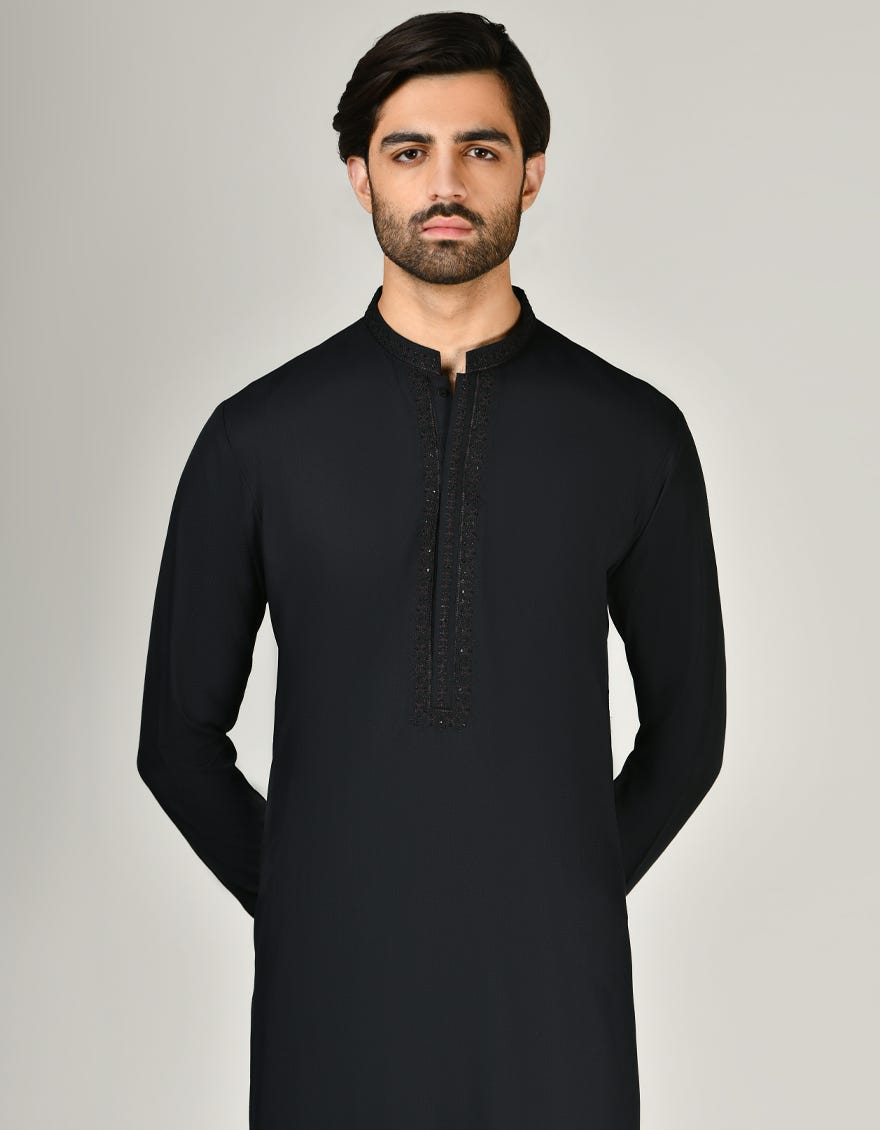 Black Blended Men's Kameez Shalwar | Jjks-A-33002