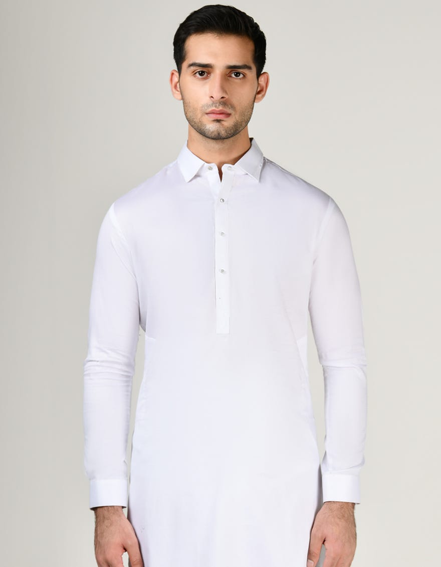 White Cotton Men's Kameez Shalwar | Jjks-S-33003
