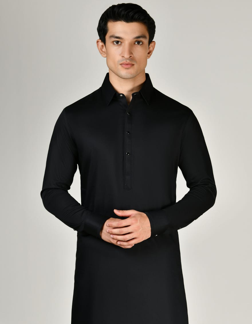 Black Cotton Men's Kameez Shalwar | Jjks-S-33005