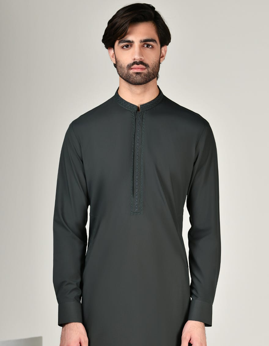 Deep Green Blended Men's Kameez Shalwar | Jjks-A-33006