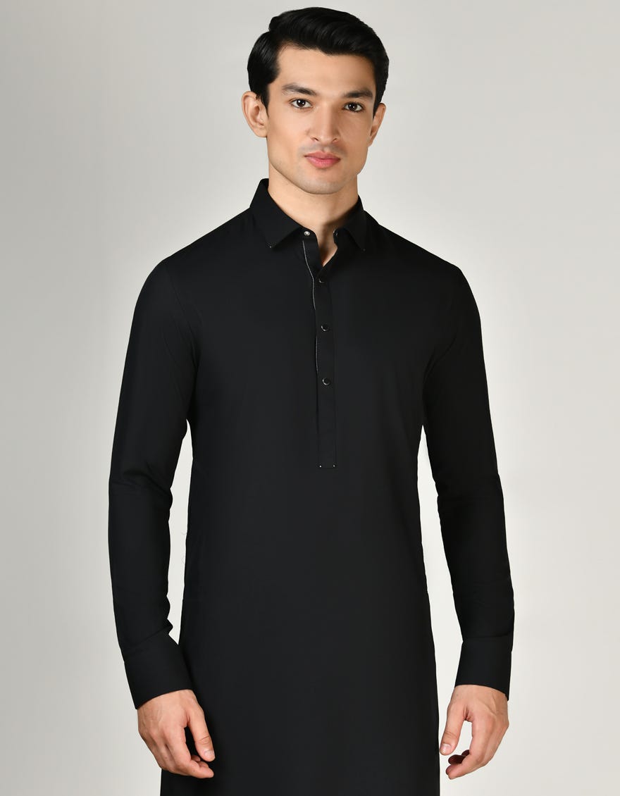 Black Blended Men's Kameez Shalwar | Jjks-A-33009