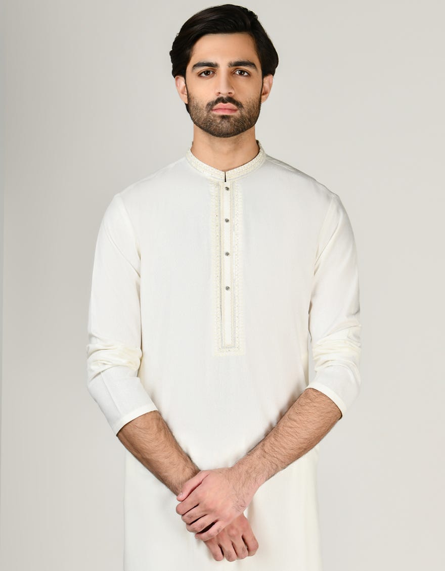 Off White Blended Men's Kameez Shalwar | Jjks-A-33010