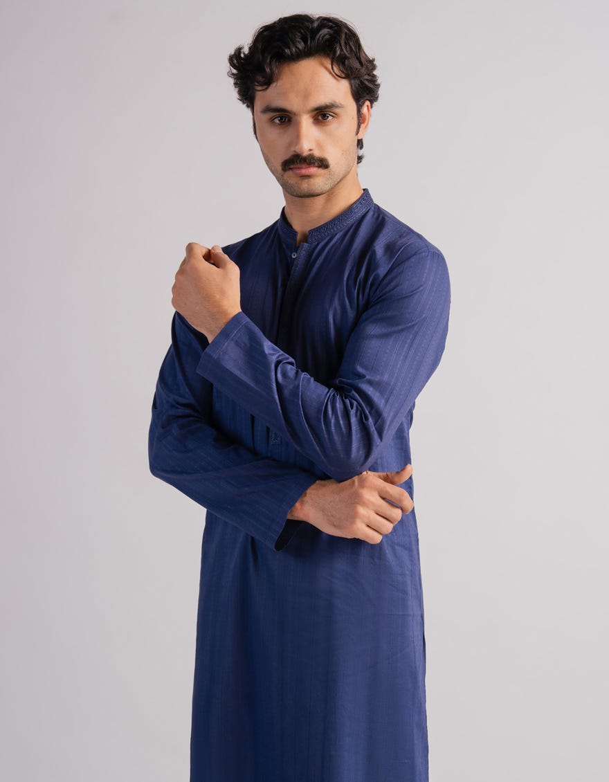 BLUE COTTON SEMI-FORMAL KURTA TROUSERS