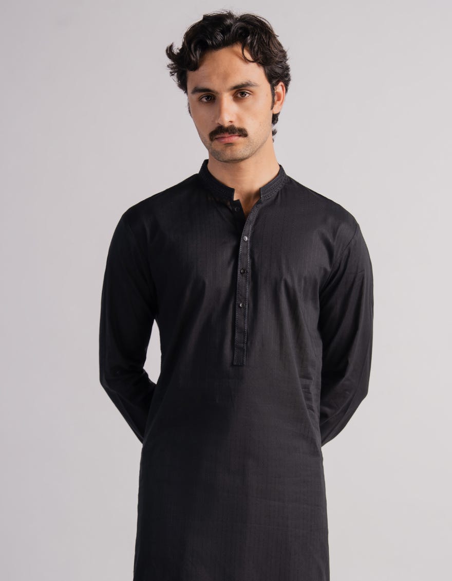 BLACK COTTON SEMI-FORMAL KURTA TROUSERS