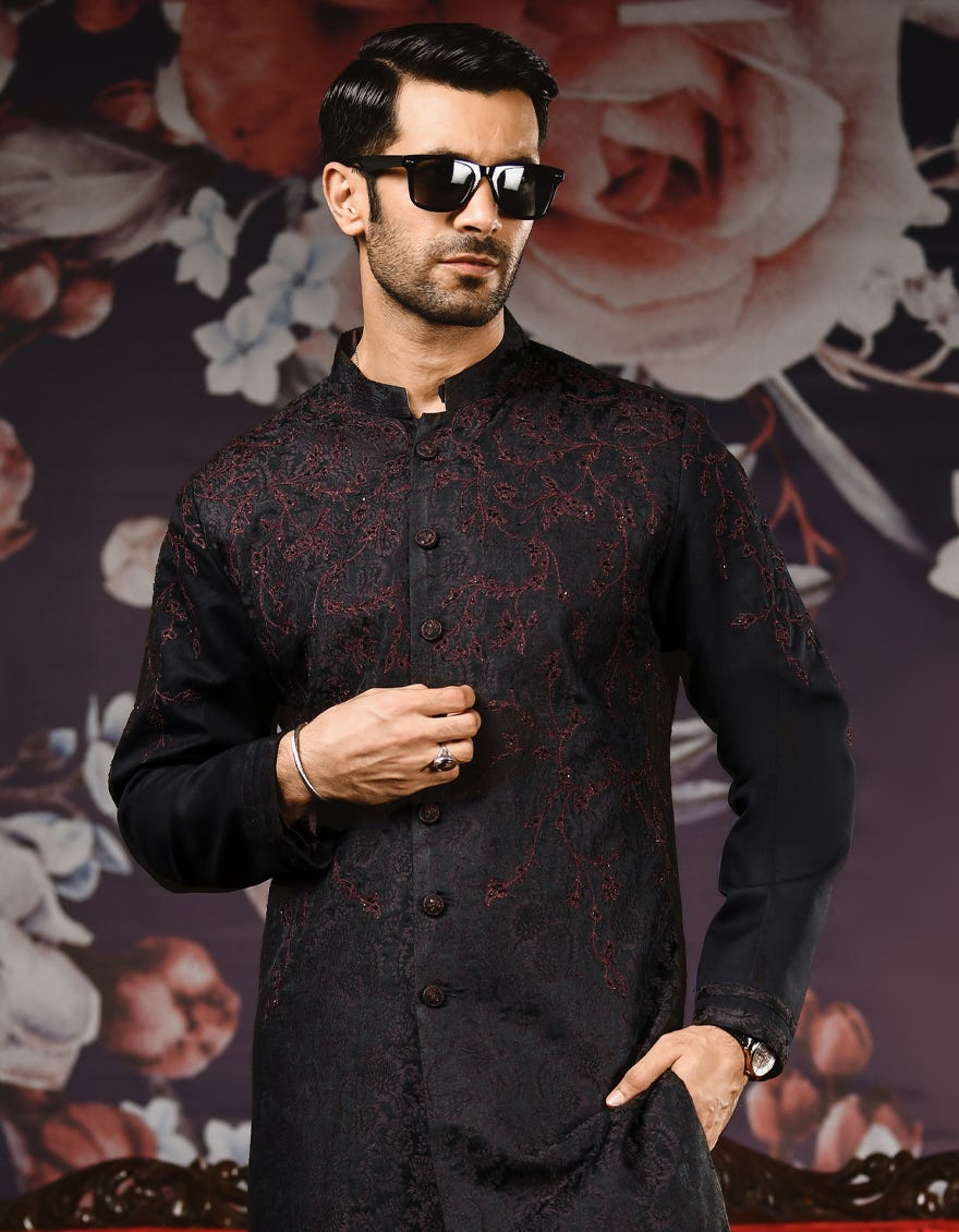 Purplish Black Jamawar Special Men's Kurta | Jjk-Sp-34155