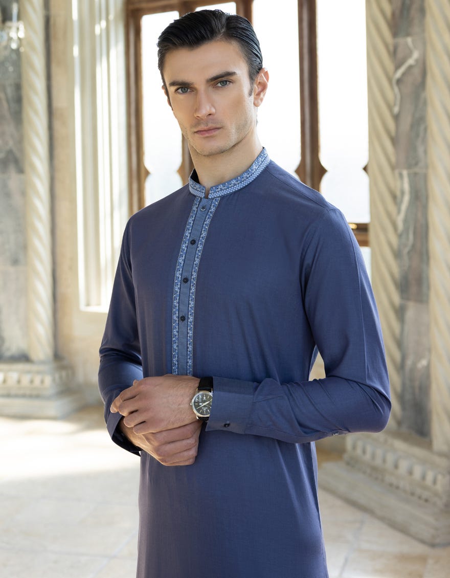 Blue Cotton Men's Kameez Shalwar | Jjks-S-34295