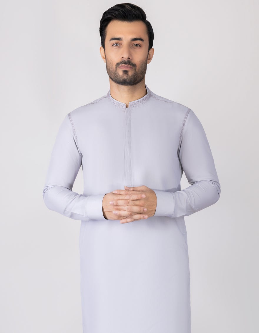 Light Grey Blended Men's Kameez Shalwar | Jjks-S-34297
