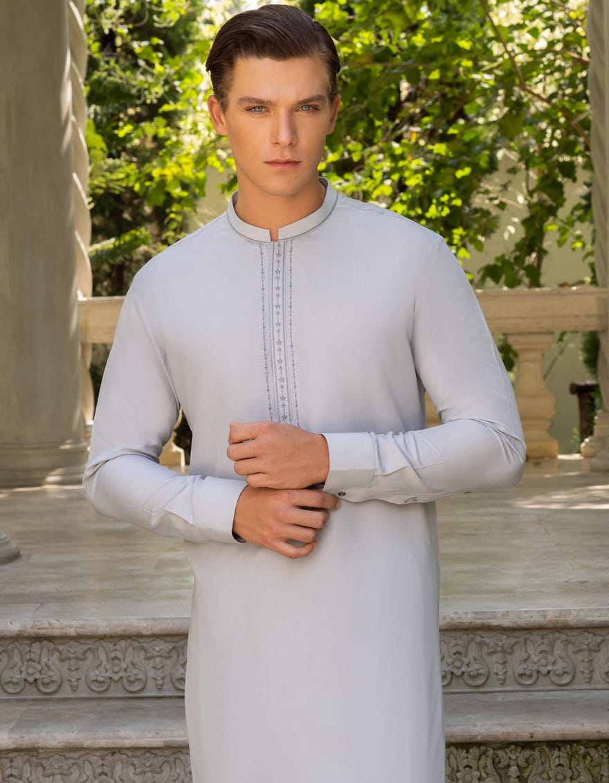 Grey Blended Men's Kameez Shalwar | Jjks-S-34298