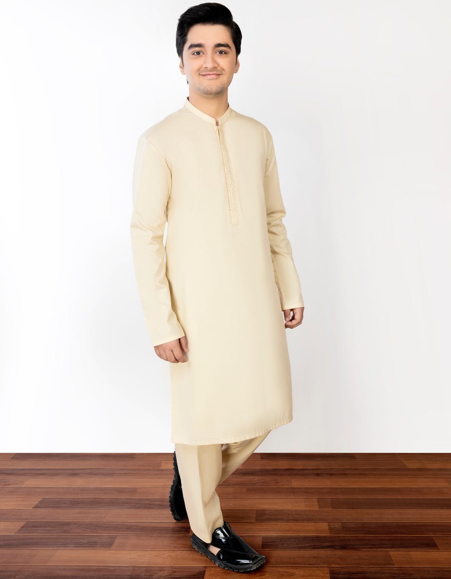 Pale Yellow Cotton Teen Boy's Kameez Shalwar | Jtks-S-34308