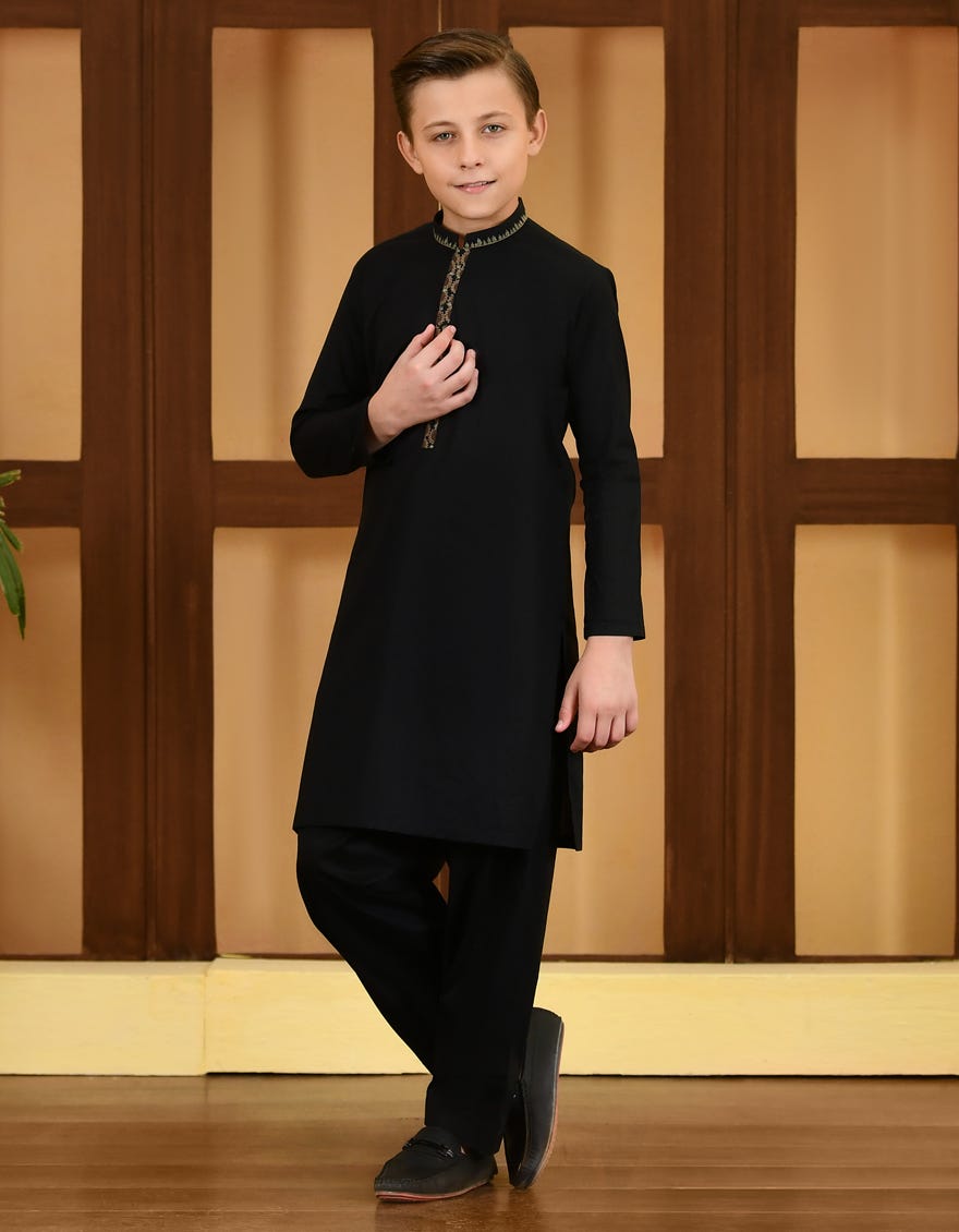 Black Cotton Kid's Kameez Shalwar | Jcks-S-34316