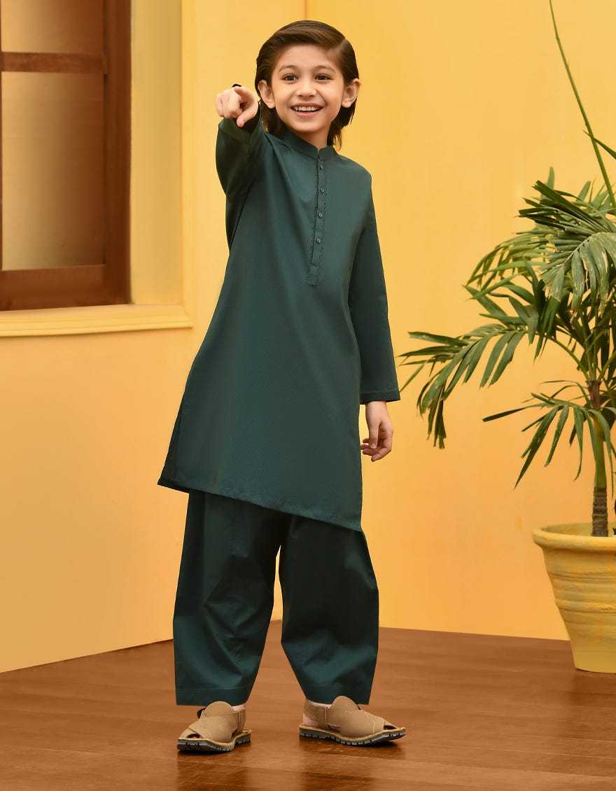Forest Green Cotton Kid's Kameez Shalwar | Jcks-S-34312