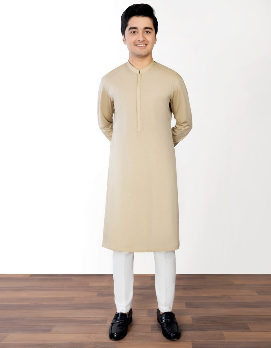 Beige Cotton Teen Boy's Kurta | Jtk-S-34314