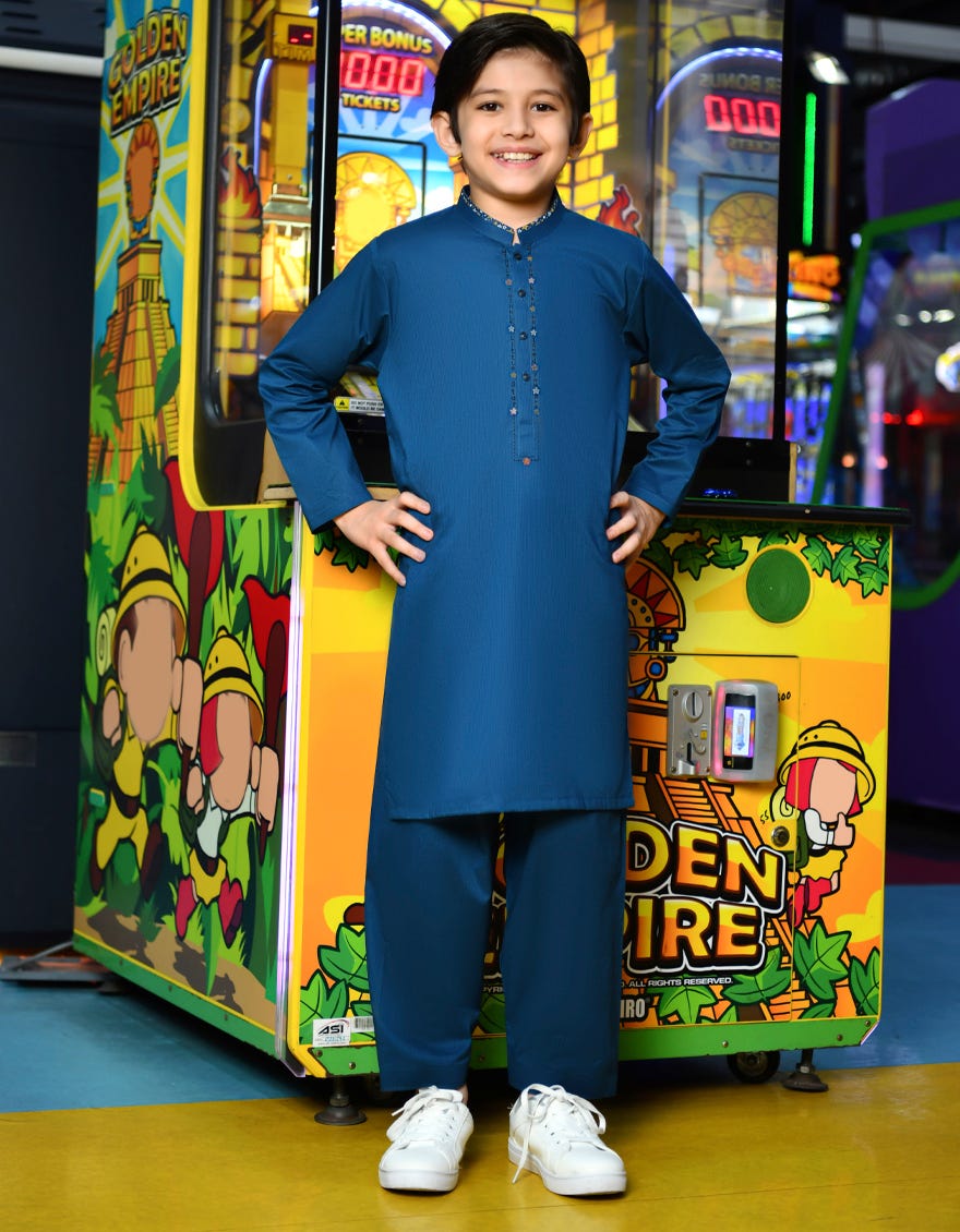 Dark Cyan Cotton Kid's Kameez Shalwar | Jcks-S-34325