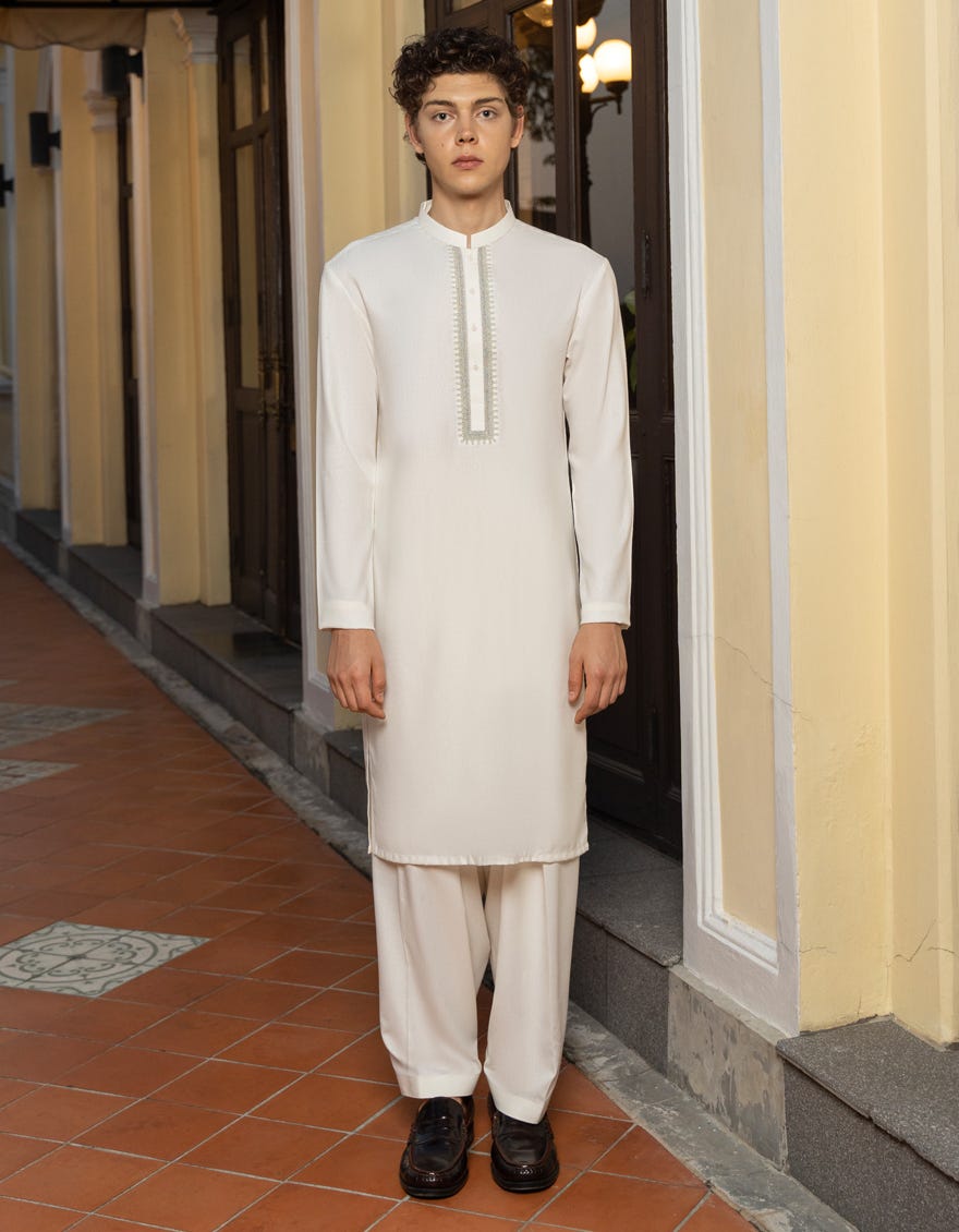 Off White Blended Teen Boy's Kameez Shalwar | Jtks-A-34340