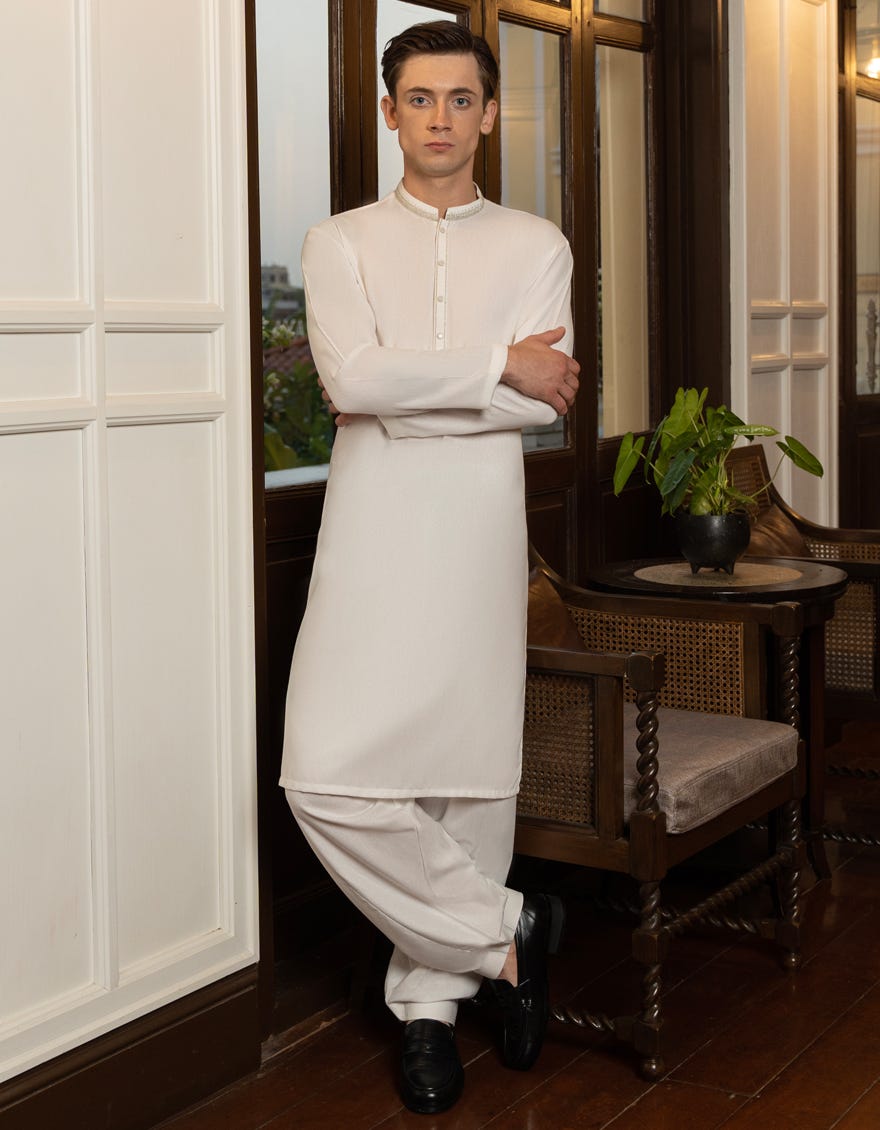 White Blended Teen Boy's Kameez Shalwar | Jtks-A-34342