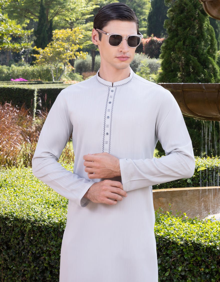 Pale Grey Blended Men's Kurta | Jjk-S-34343