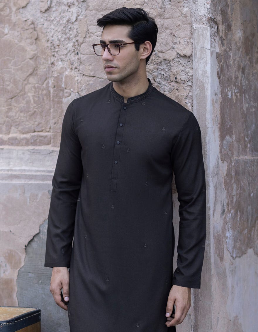 Coffee Brown Blended Men's Kameez Shalwar | Jjks-S-34348