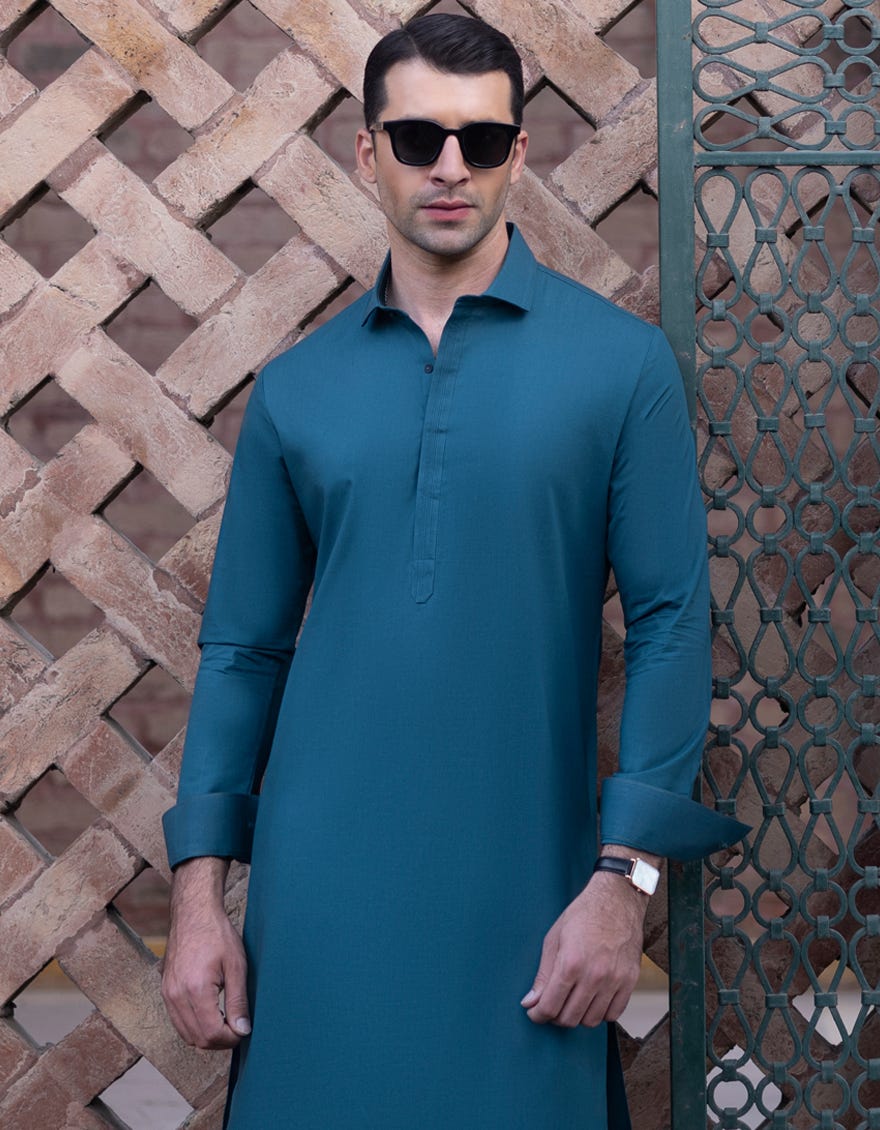 Teal Blended Men's Kameez Shalwar | Jjks-S-34356
