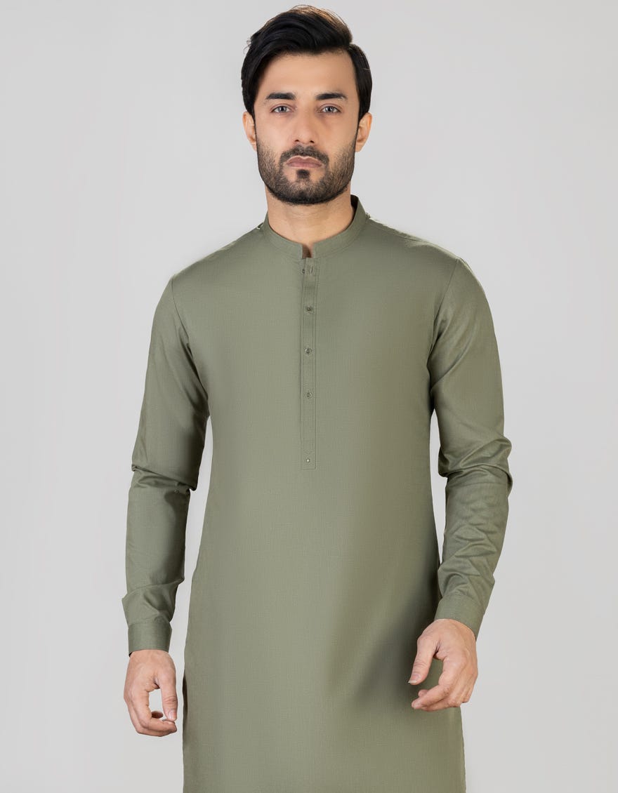Olive Green Blended Men's Kurta | Jjk-A-34357