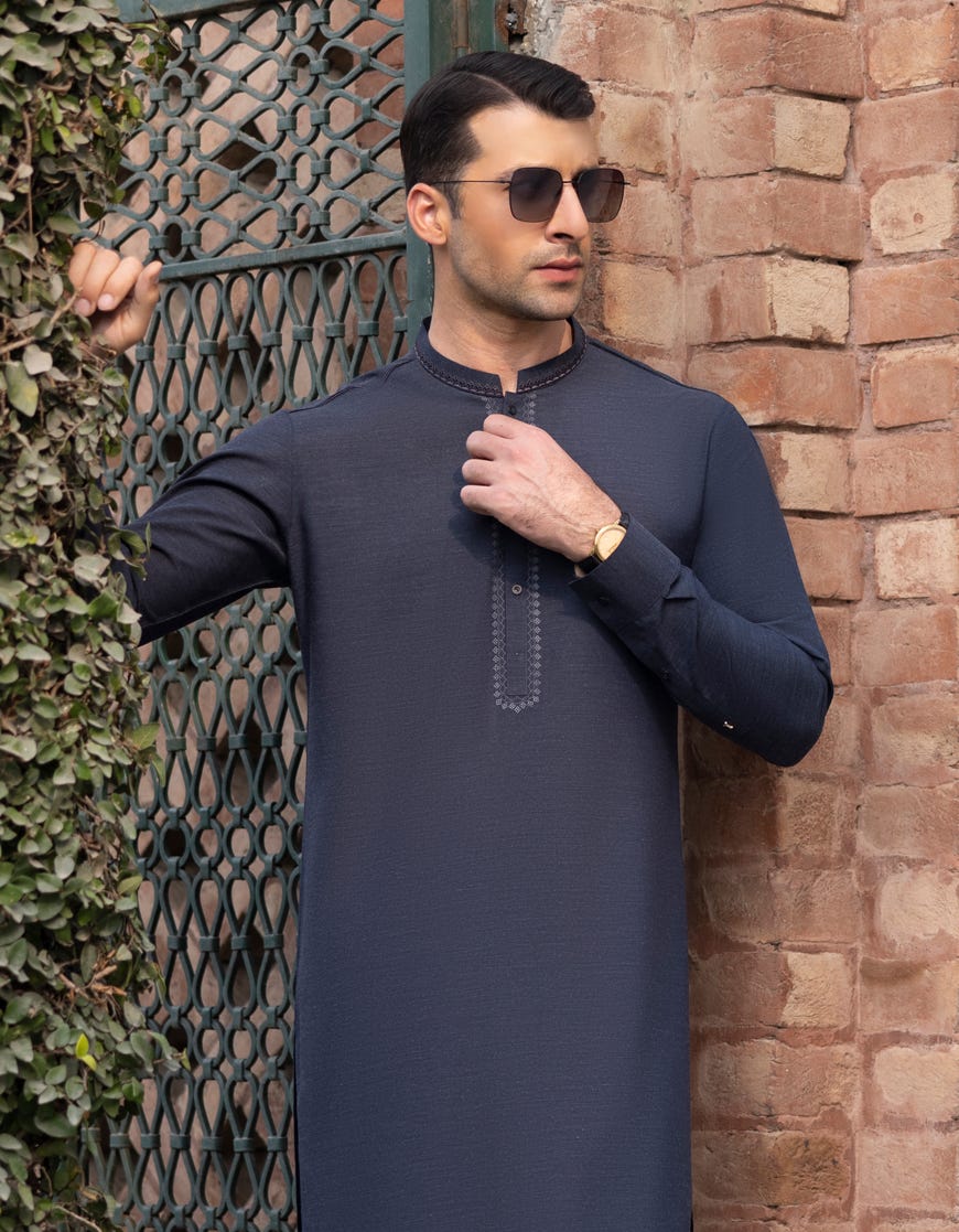 Dark Blue Blended Men's Kurta Pajama | Jjkp-S-34360