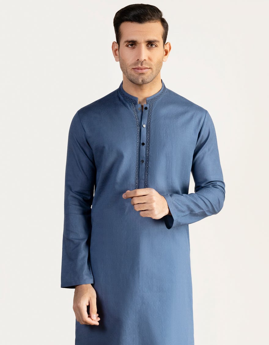 Grey-Blue Cotton Men's Kurta | Jjk-A-34368