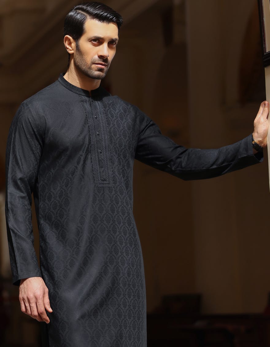 Black Blended Men's Kurta | Jjk-S-34377