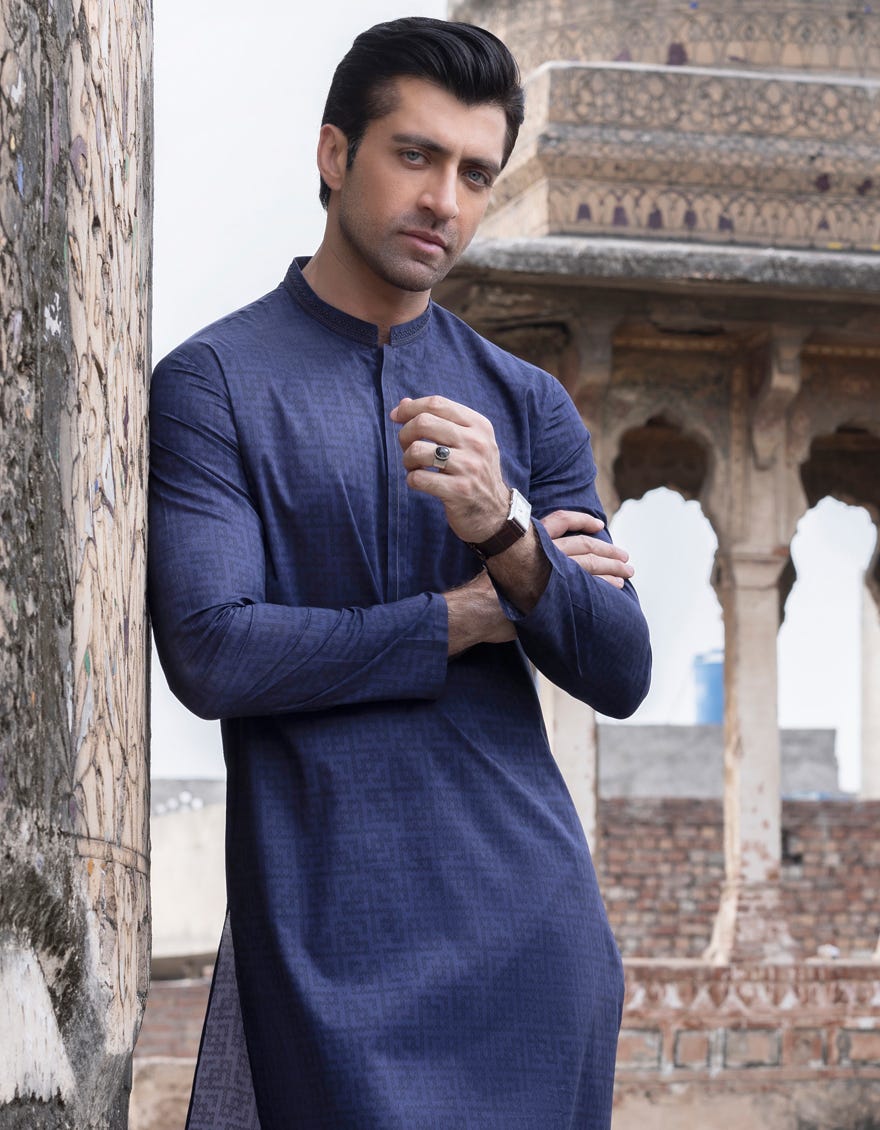 Navy Blue Cotton Men's Kurta | Jjk-S-34384
