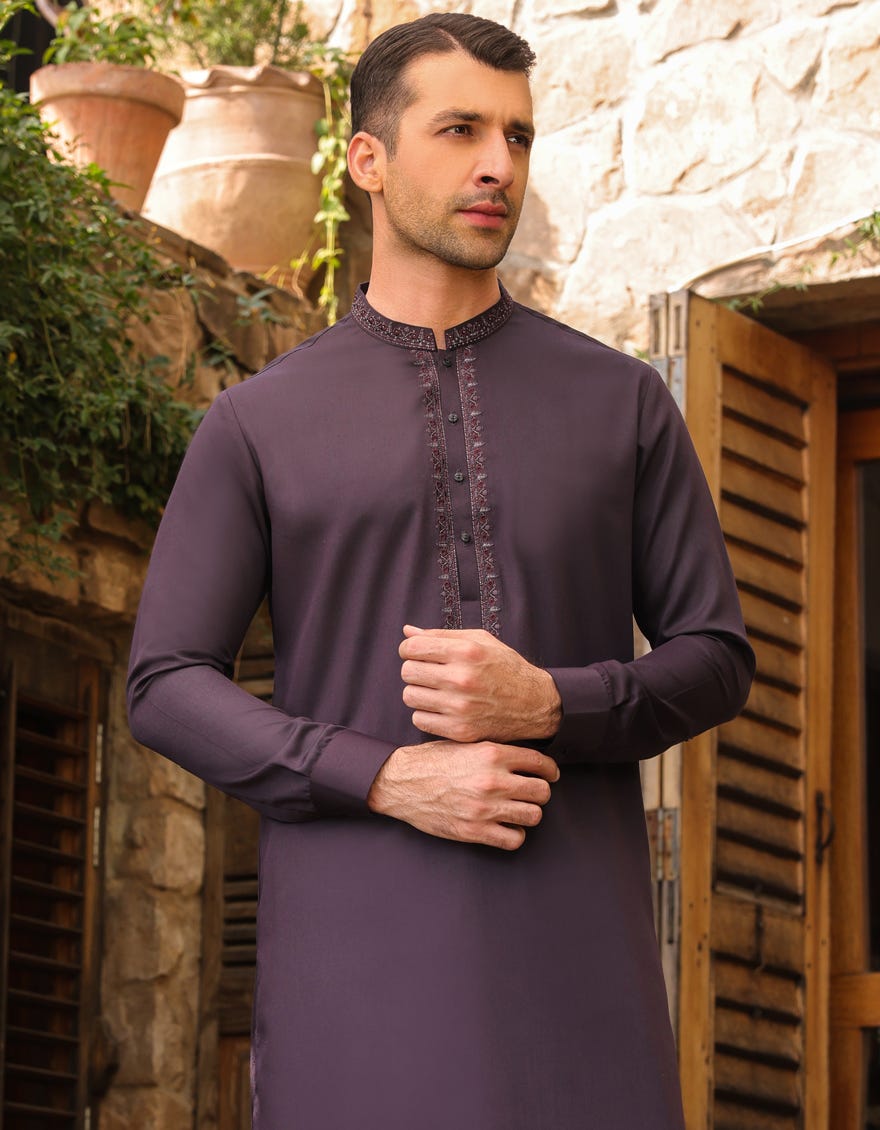 Dark Purple Blended Men's Kameez Shalwar | Jjks-S-34389