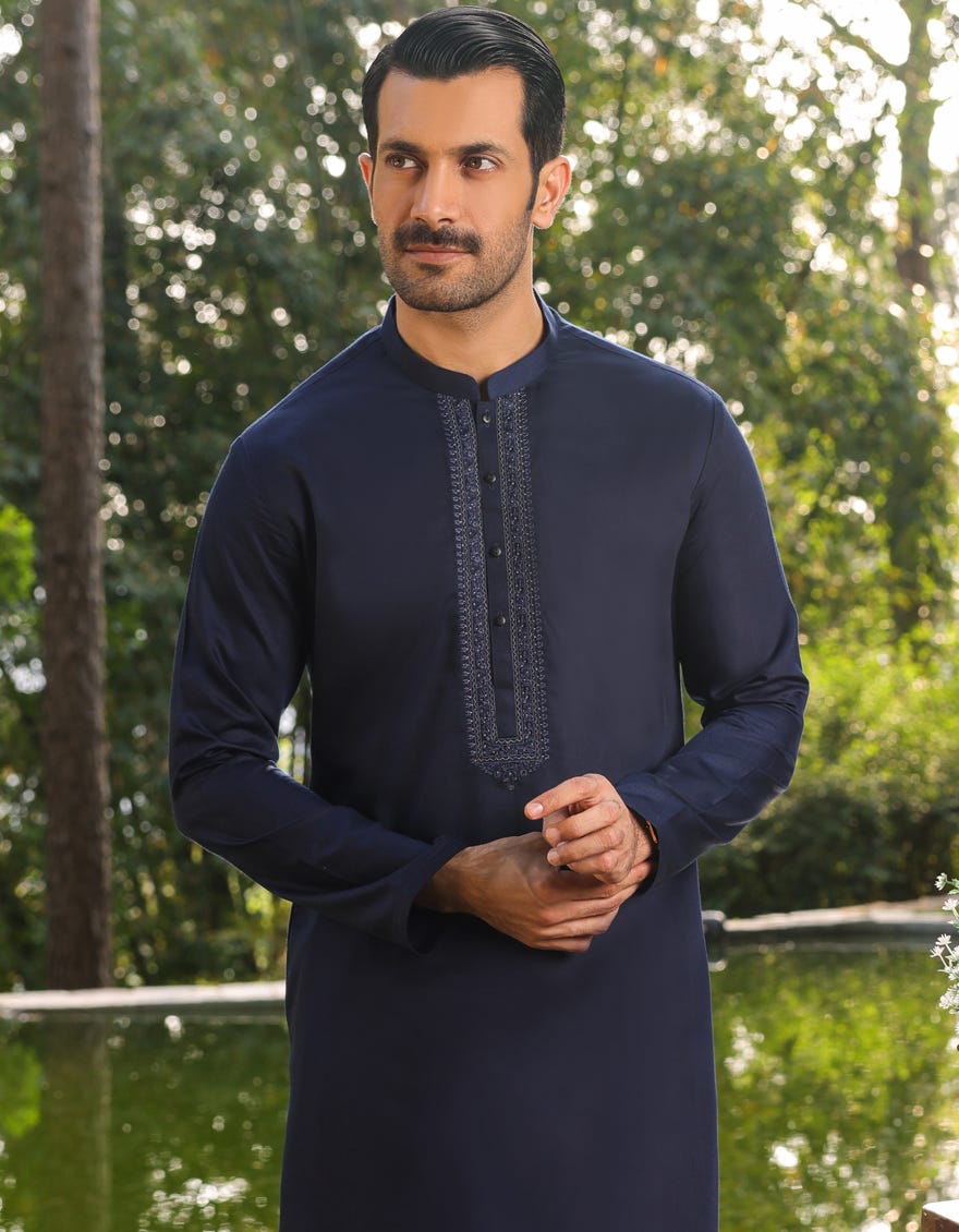 Midnight Blue Blended Men's Kameez Shalwar | Jjks-S-34390
