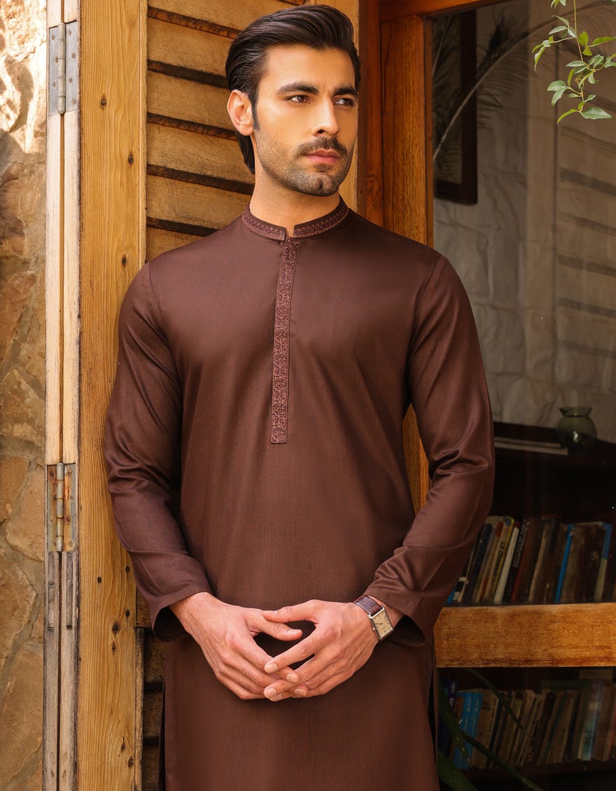Dark Brown Blended Men's Kameez Shalwar | Jjks-S-34392