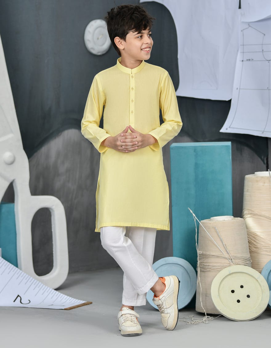 Pale Yellow Cotton Kid's Kurta | Jck-S-34407