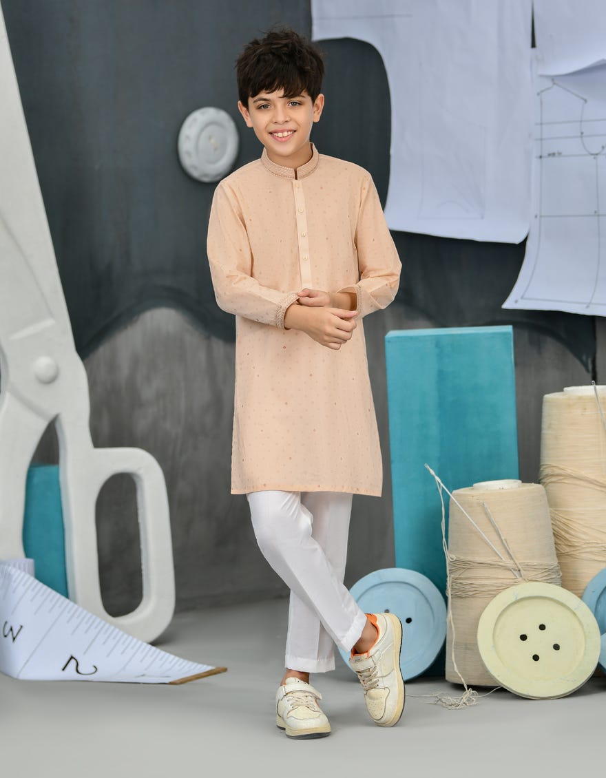 Light Coral Cotton Kid's Kurta | Jck-S-34418