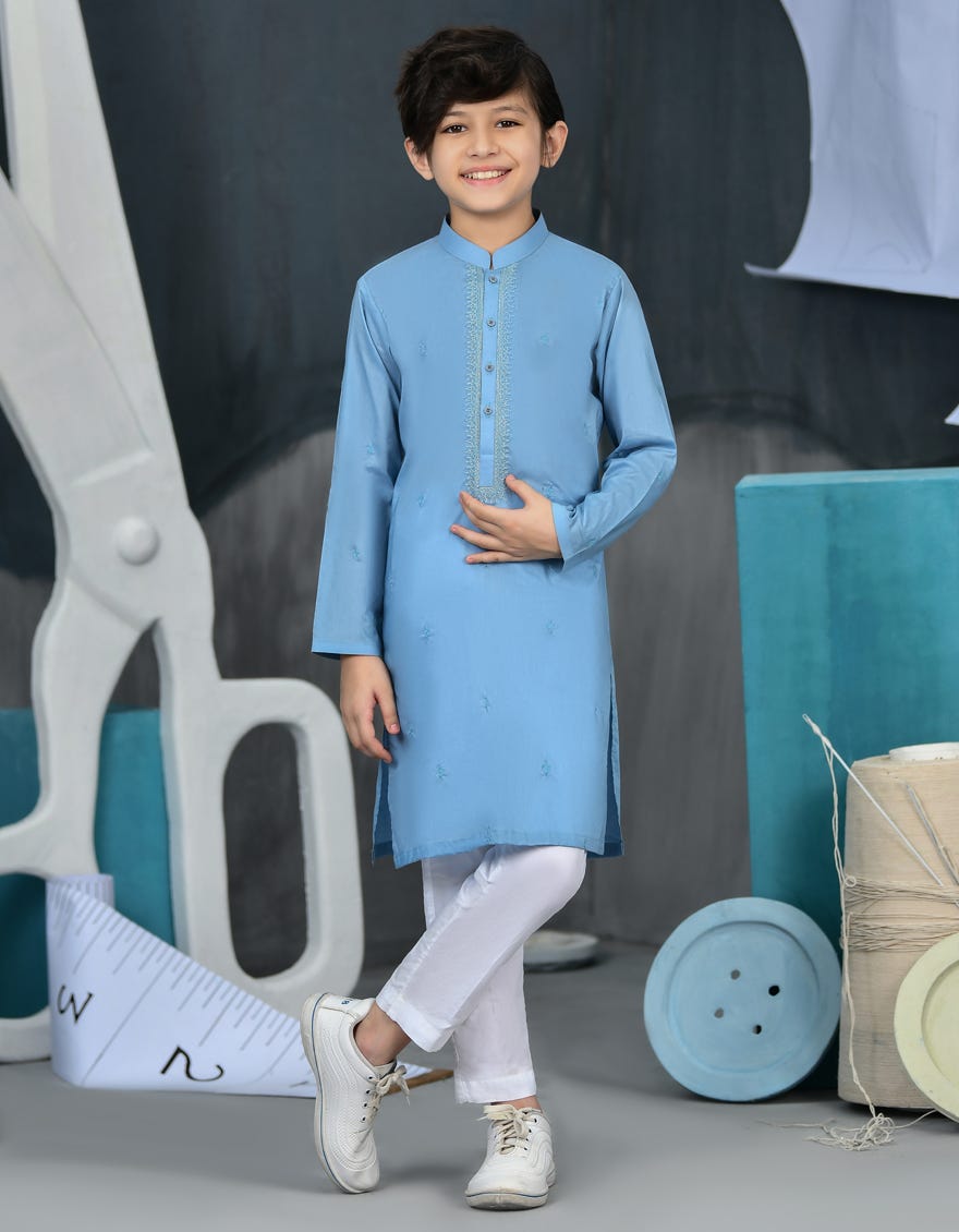 Blue Cotton Kid's Kurta | Jck-S-34420