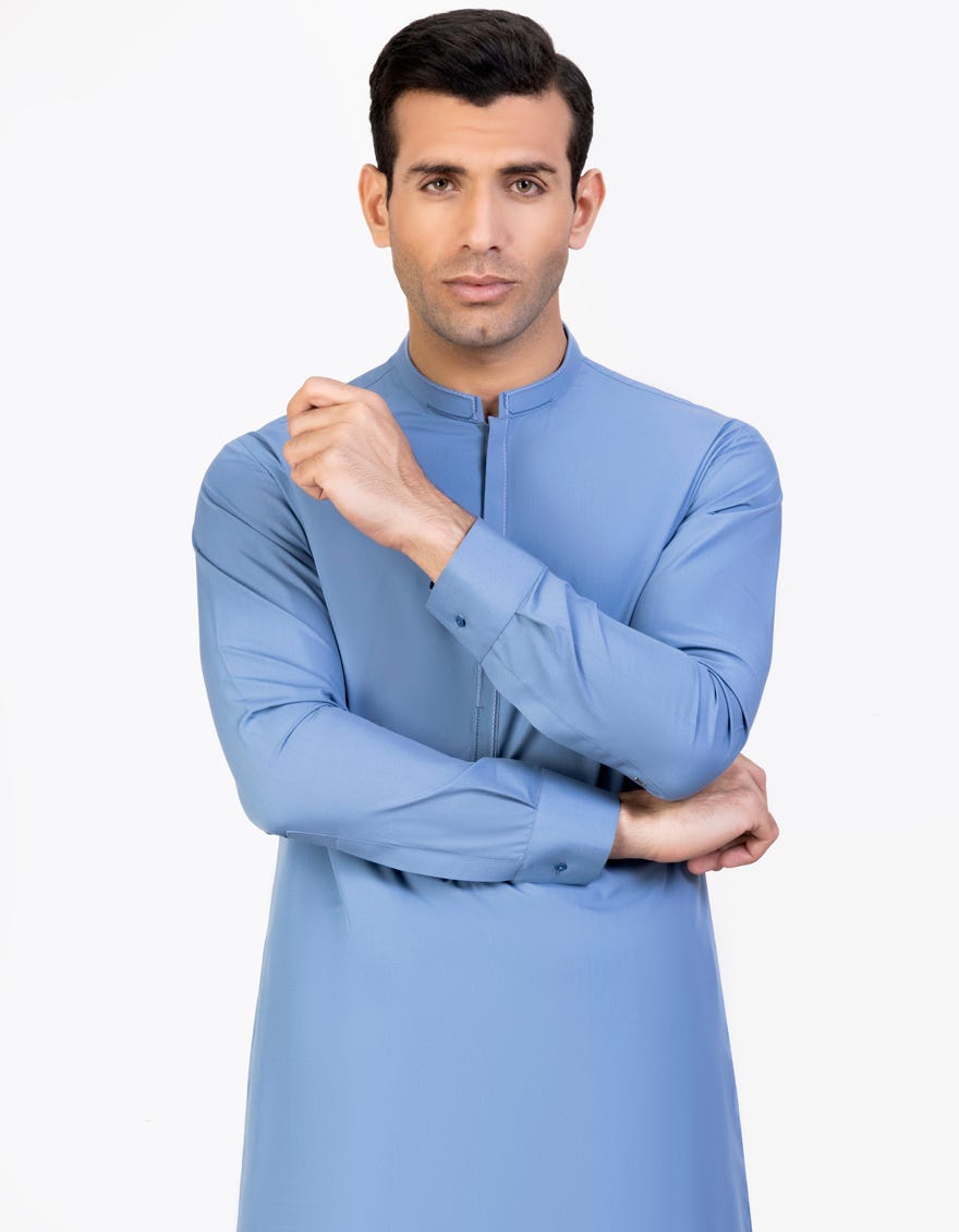 Dull Blue Blended Men's Kameez Shalwar | Jjks-S-34426