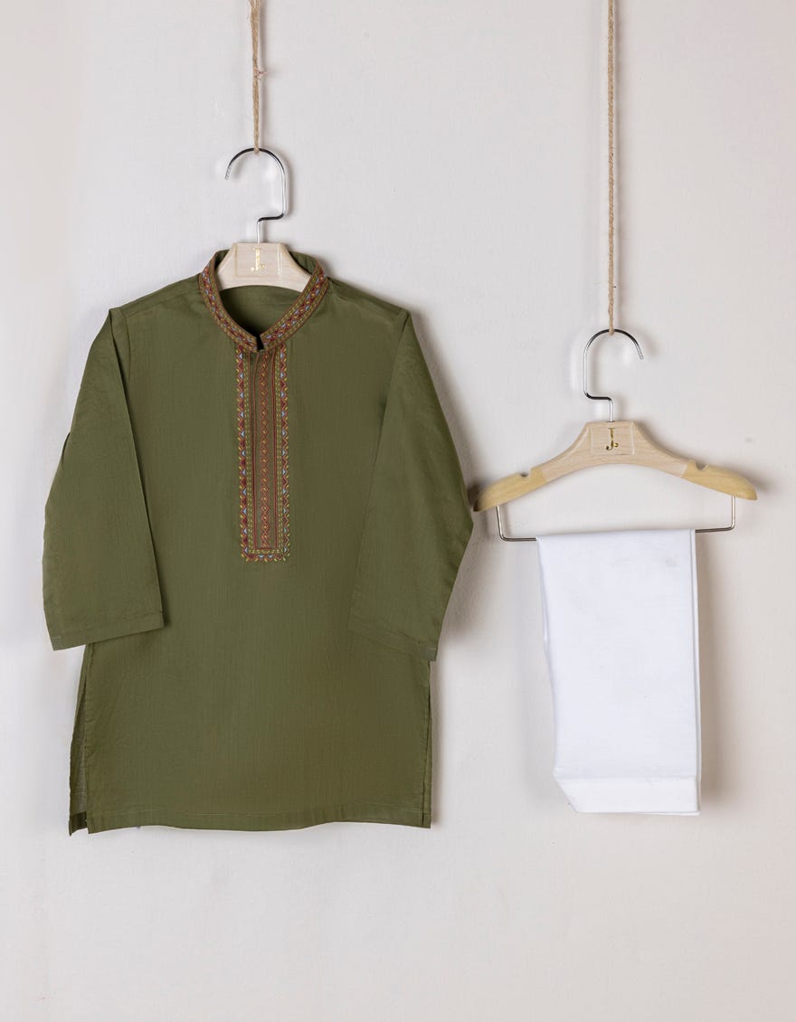Army Green Cotton Kameez Shalwar | Jjiks-S-34430