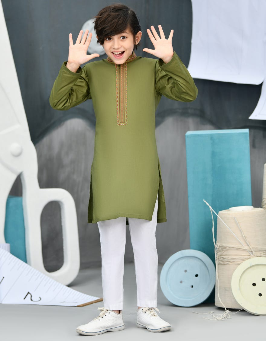 Army Green Cotton Kid's Kurta | Jck-S-34431