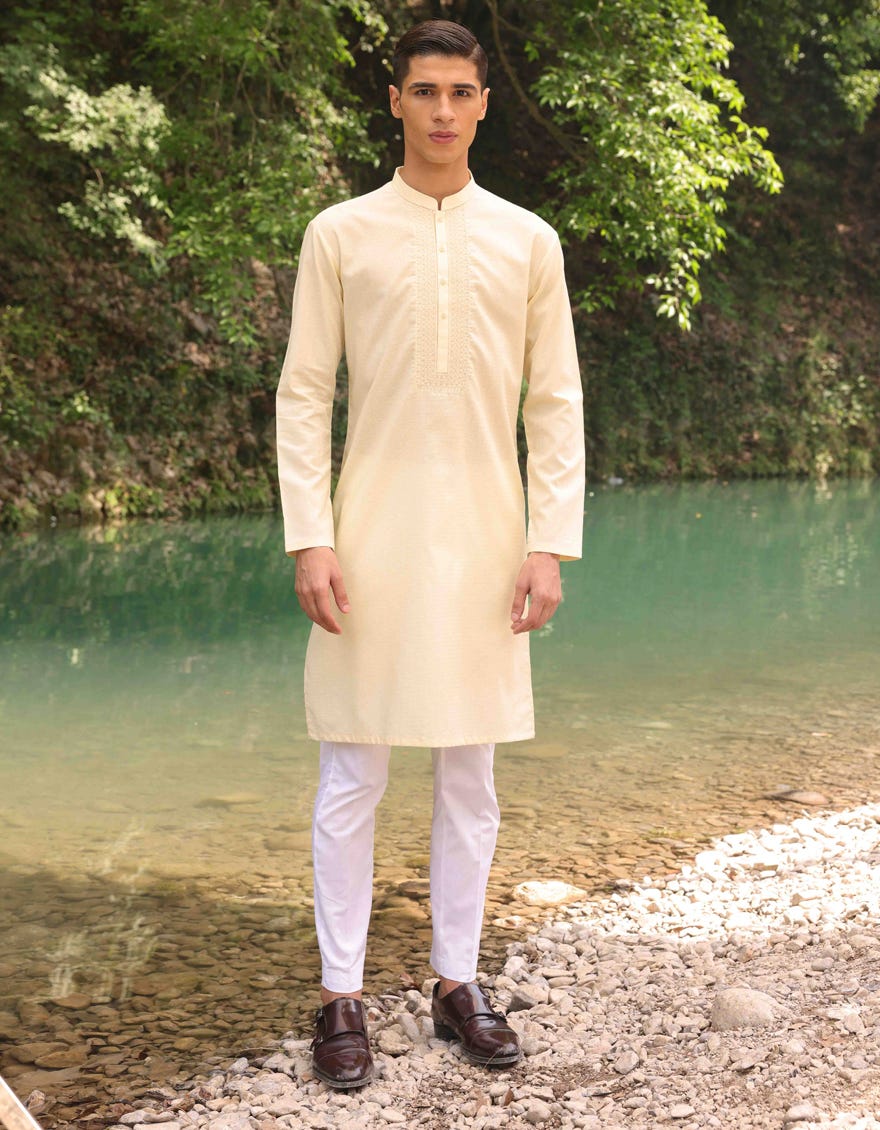 Pale Yellow Cotton Teen Boy's Kurta | Jtk-S-34443