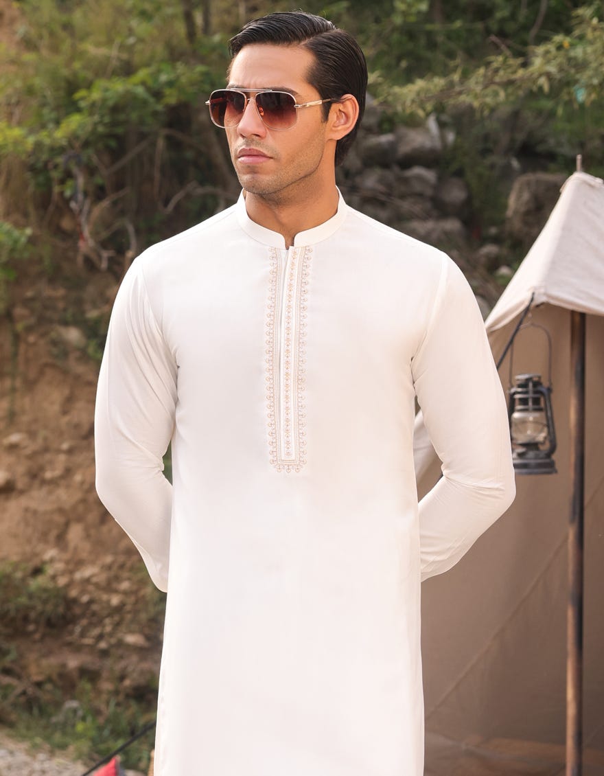 White Blended Men's Kameez Shalwar | Jjks-S-34444