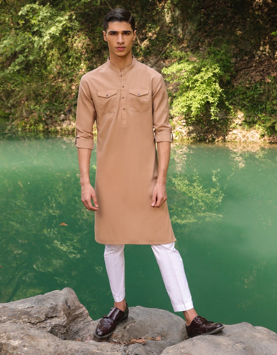 Wood Brown Cotton Teen Boy's Kurta | Jtk-S-34446