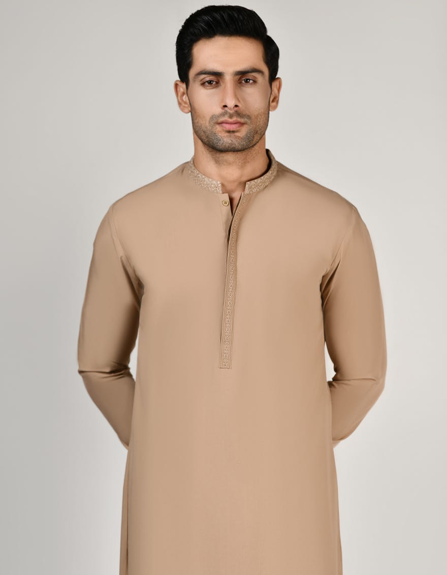 Brown Blended Men's Kameez Shalwar | Jjks-S-34451