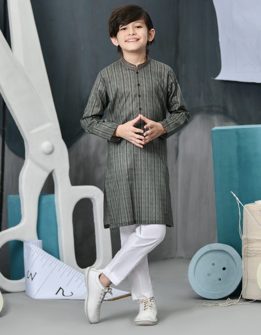 Green Cotton Kid's Kurta | Jck-S-34456