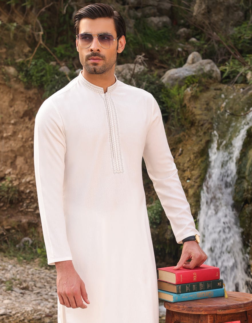 White Blended Men's Kameez Shalwar | Jjks-S-34457