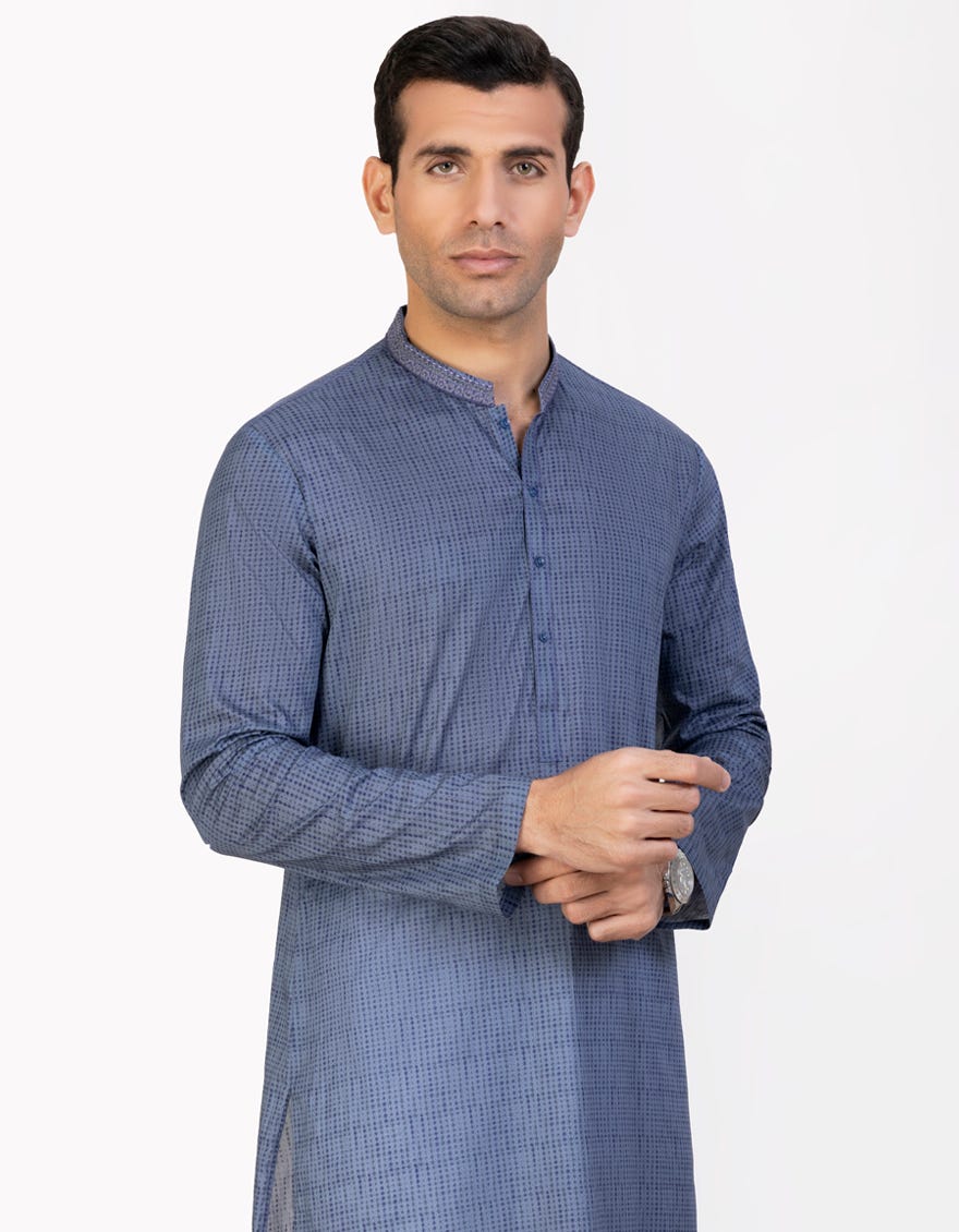Blue & Grey Cotton Men's Kurta | Jjk-S-34458