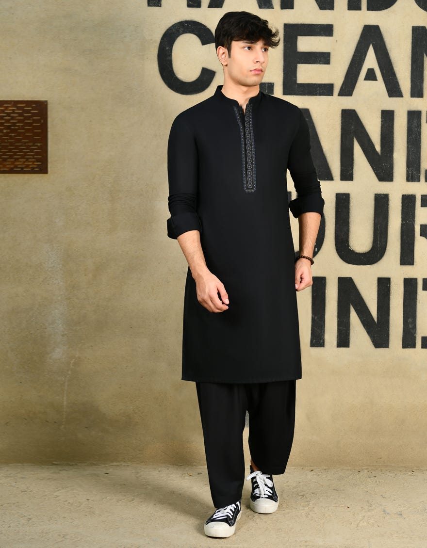 Black Cotton Teen Boy's Kameez Shalwar | Jtks-S-34462