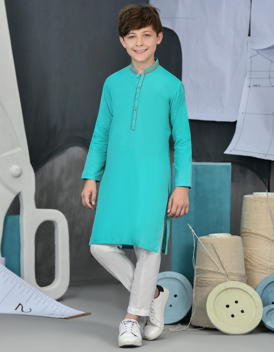 Turquoise Cotton Kid's Kurta | Jck-S-34465